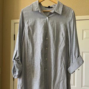 blue and white striped button down collared tunic/work shirt